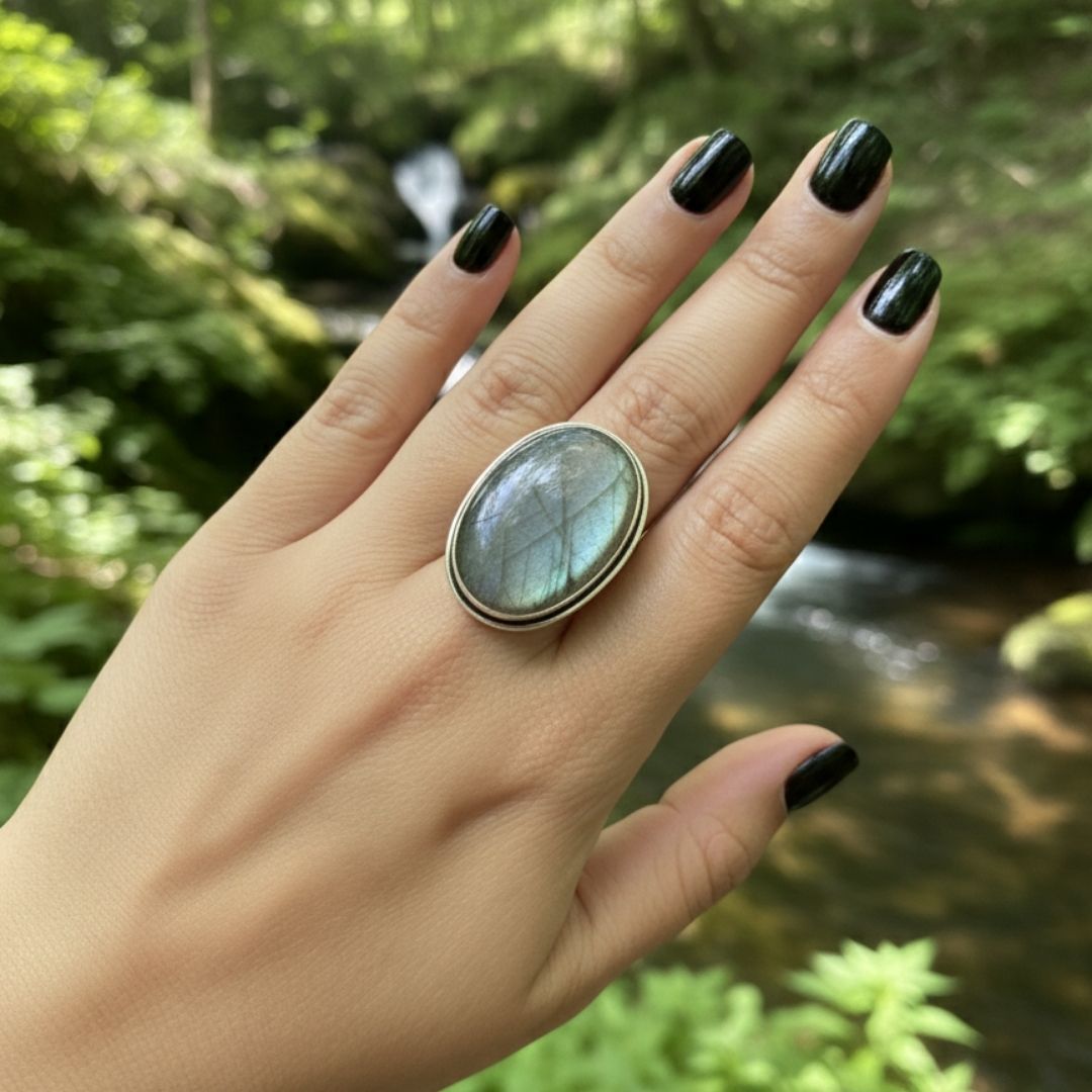 Aurora Veil Oval Stone Oxidised Ring