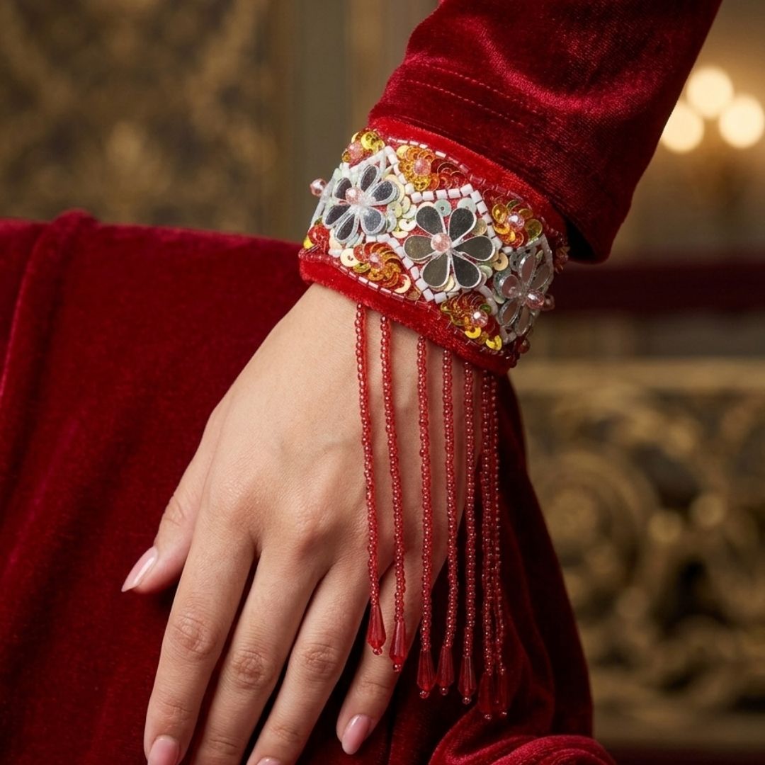 Handmade Red Beaded Floral Cuff Bracelet with Tassel Fringe