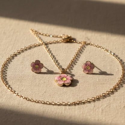Pink Flower Charm Set – Kids Necklace & Earrings