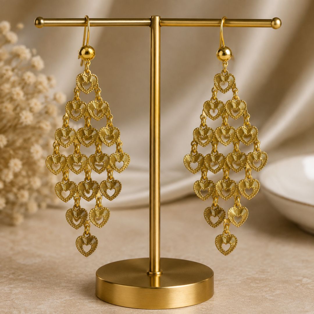 Golden Heart Cascade Drop Earrings