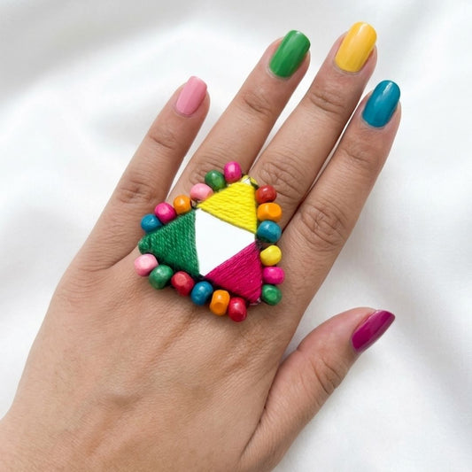 Handmade Multicolor Thread & Mirror Work Statement Ring