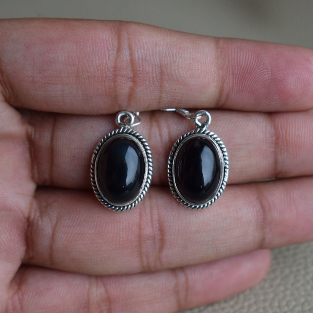 Black Stone Drop Earrings for Women | Oxidized German Silver Oval Dangle Earrings