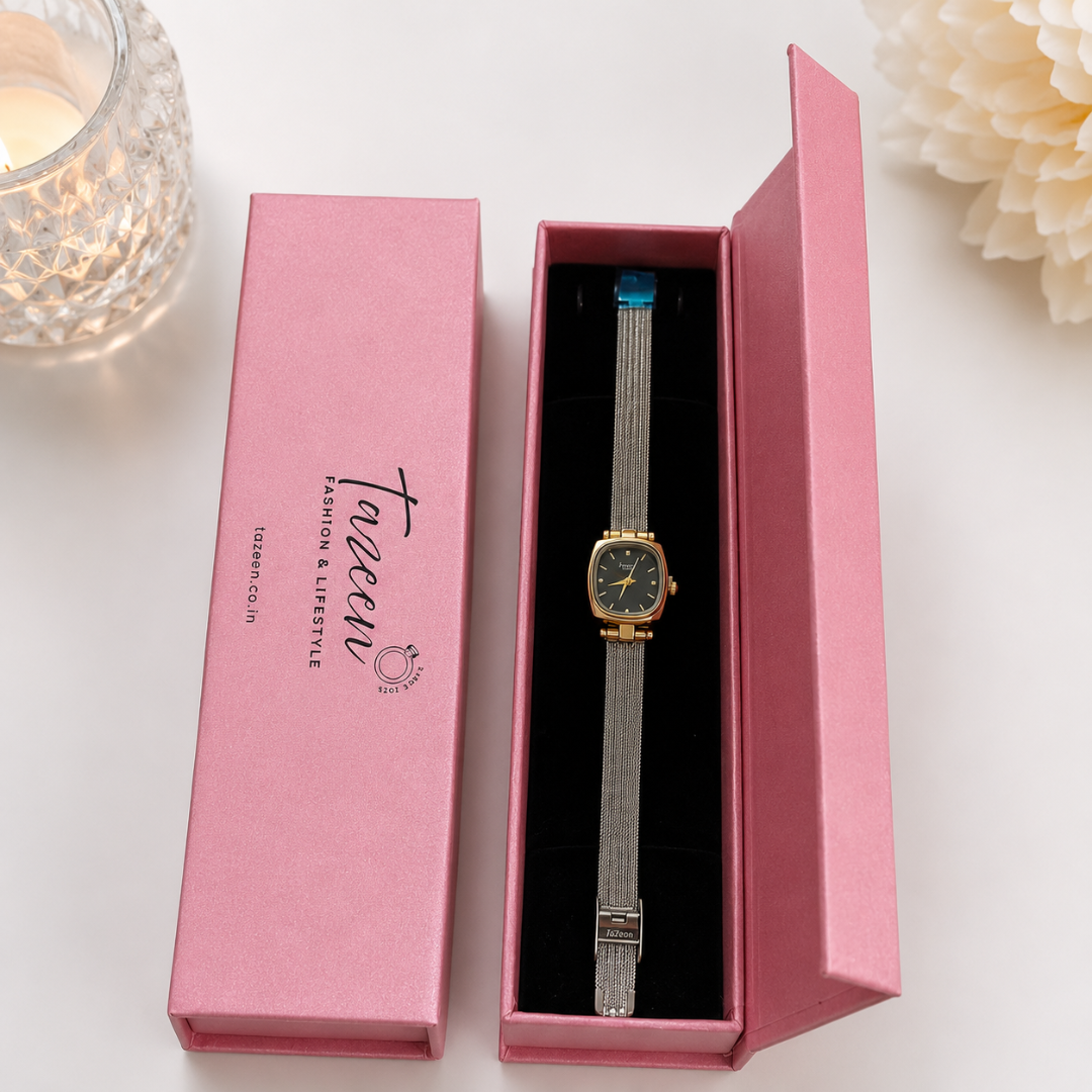 Annie Prestige Square Dial Two-Tone Mesh Watch – 18KT Gold-Plated Stainless Steel Watch for Women
