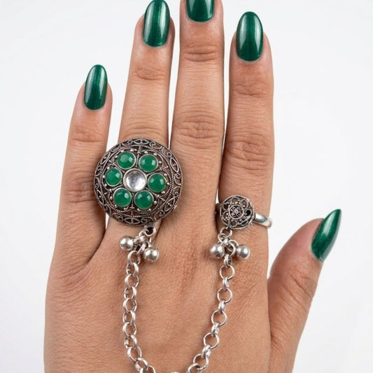Oxidized German Silver Kashmiri-Style Green Stone Floral Chain Hand Harness Ring
