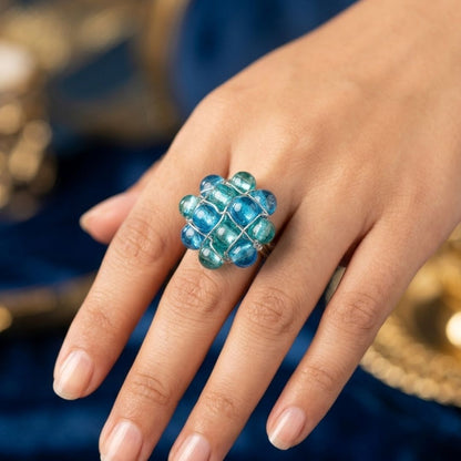 Handmade Blue & Teal Beaded Wire Wrap Statement Ring