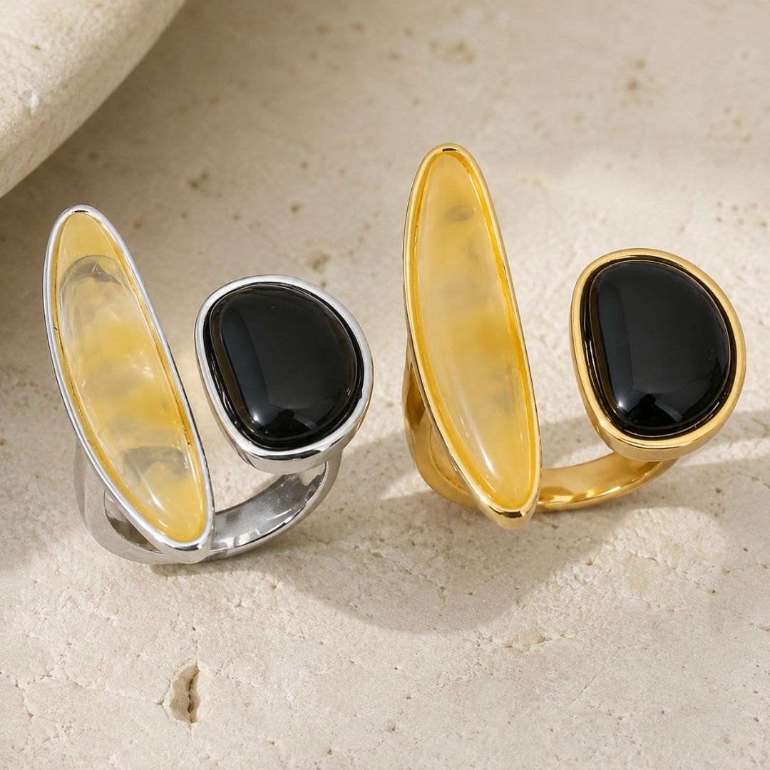 Brass 18K Gold-Plated Natural Stone Irregular Open Ring