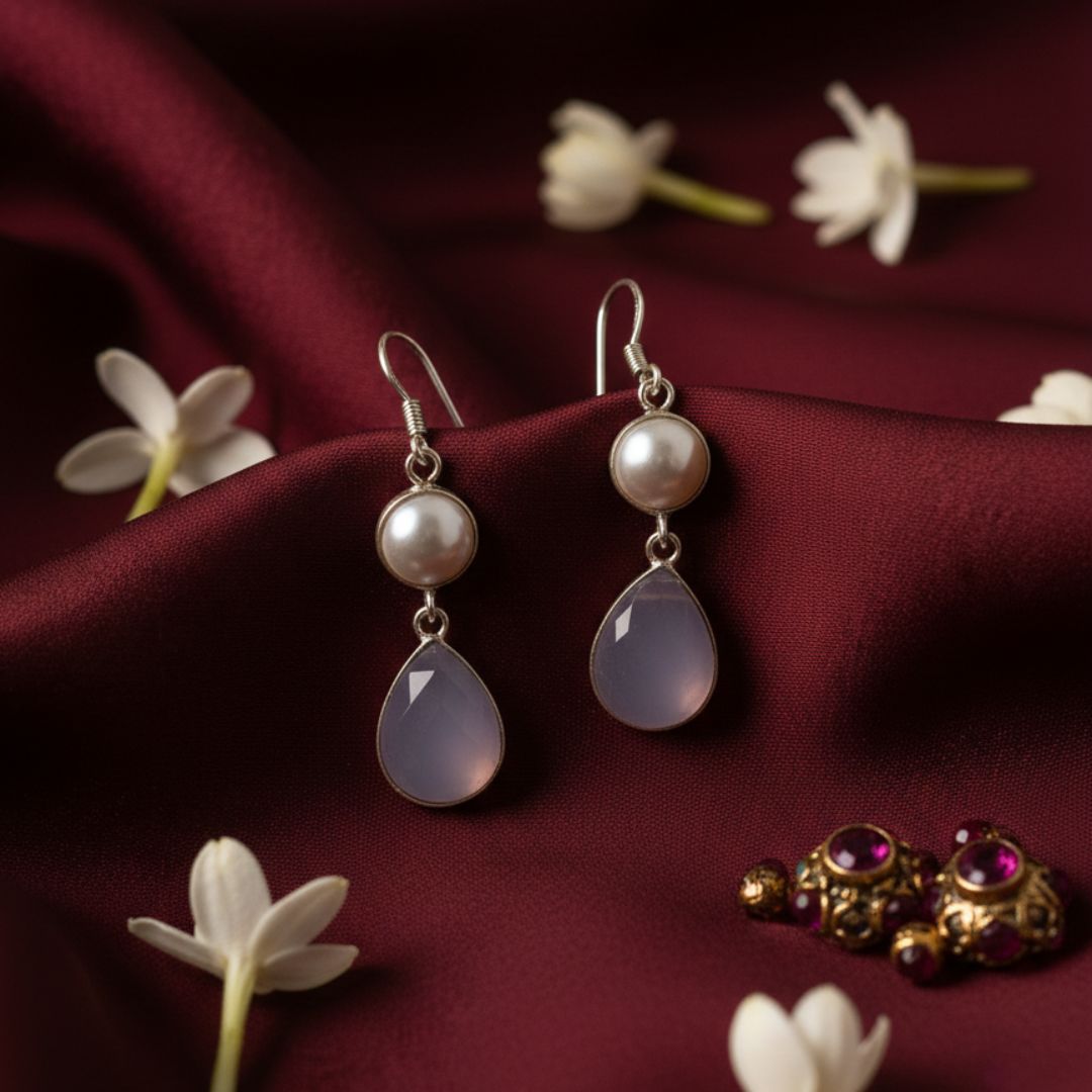 Silver Pearl & Rose Quartz Teardrop Earrings