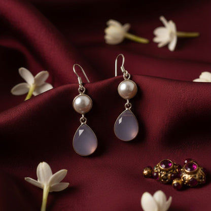 Silver Pearl & Rose Quartz Teardrop Earrings