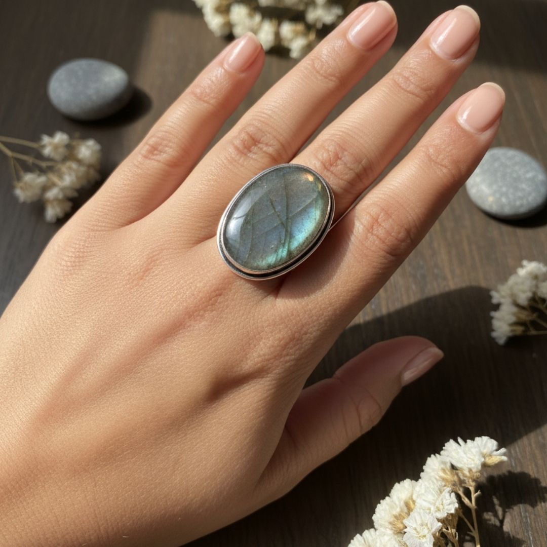 Aurora Veil Oval Stone Oxidised Ring