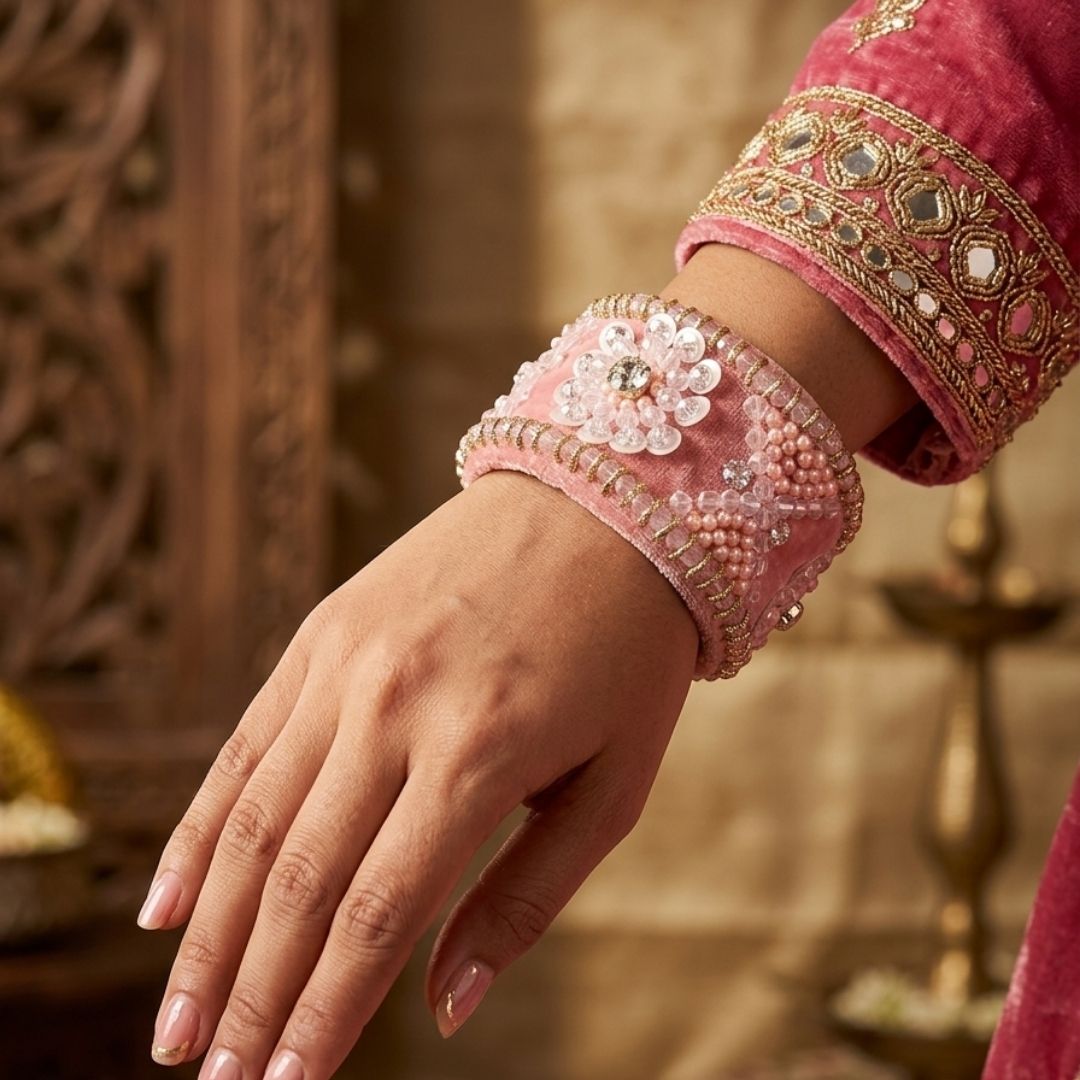 Elegant Handcrafted Pink Embroidered Bracelet with Pearl