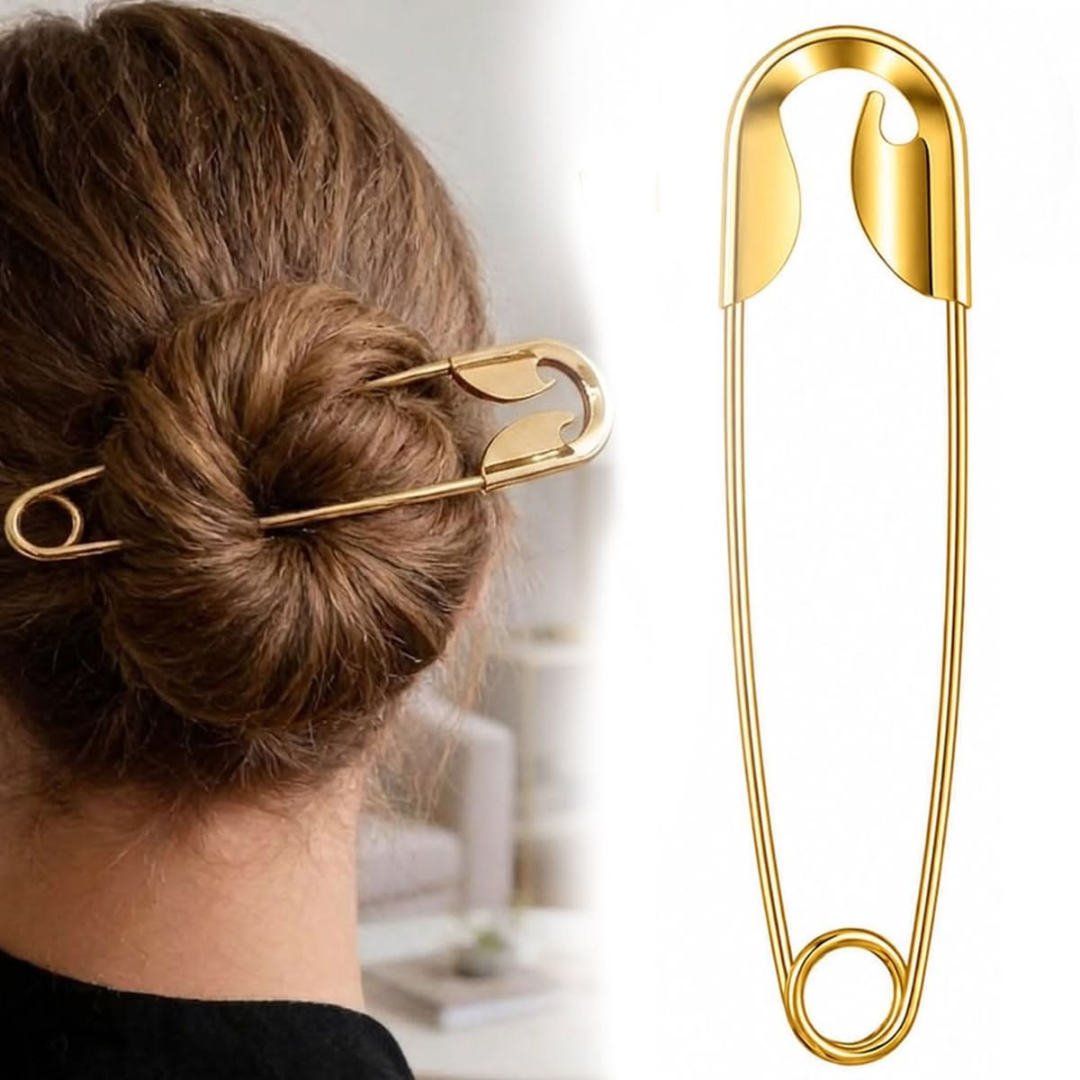 Gold Plated Oversized Safety Pin Hair Bun Stick for Women