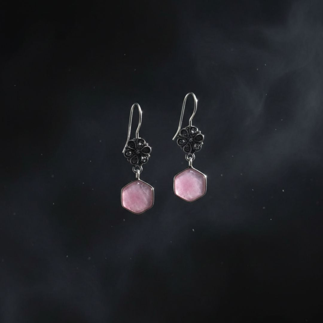 Oxidized Silver Floral Earrings with Pink Hexagon Stone Drop