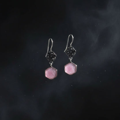 Oxidized Silver Floral Earrings with Pink Hexagon Stone Drop