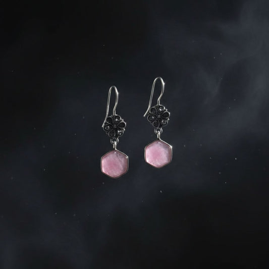 Oxidized Silver Floral Earrings with Pink Hexagon Stone Drop