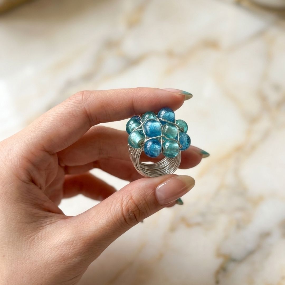 Handmade Blue & Teal Beaded Wire Wrap Statement Ring