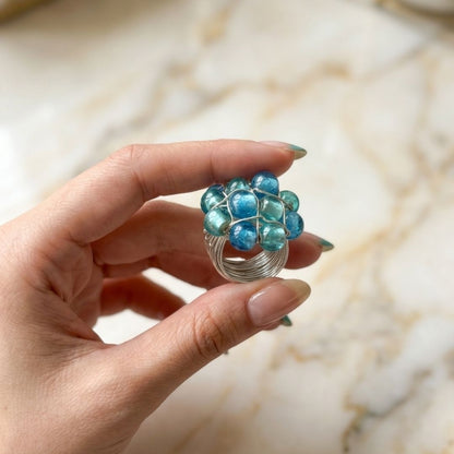 Handmade Blue & Teal Beaded Wire Wrap Statement Ring