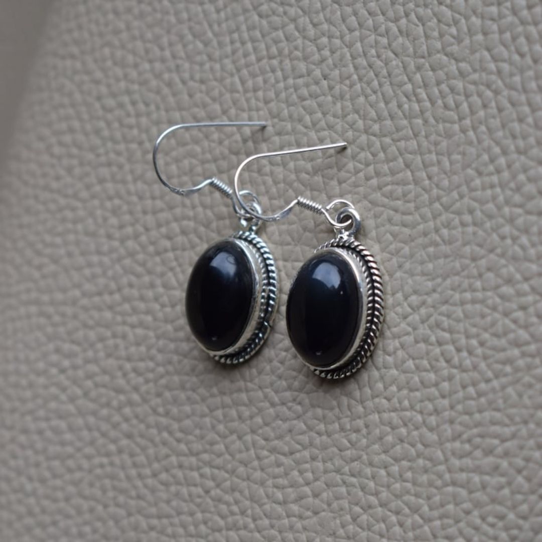 Black Stone Drop Earrings for Women | Oxidized German Silver Oval Dangle Earrings