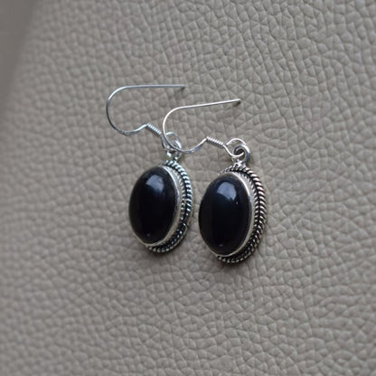 Black Stone Drop Earrings for Women | Oxidized German Silver Oval Dangle Earrings