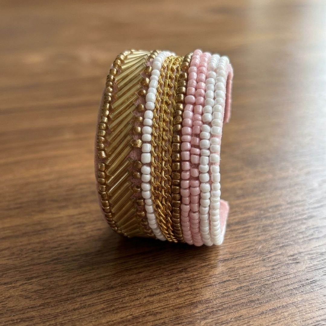 Handmade Gold & Pearl Beaded Cuff Bracelet – Elegant Velvet Statement Bangle