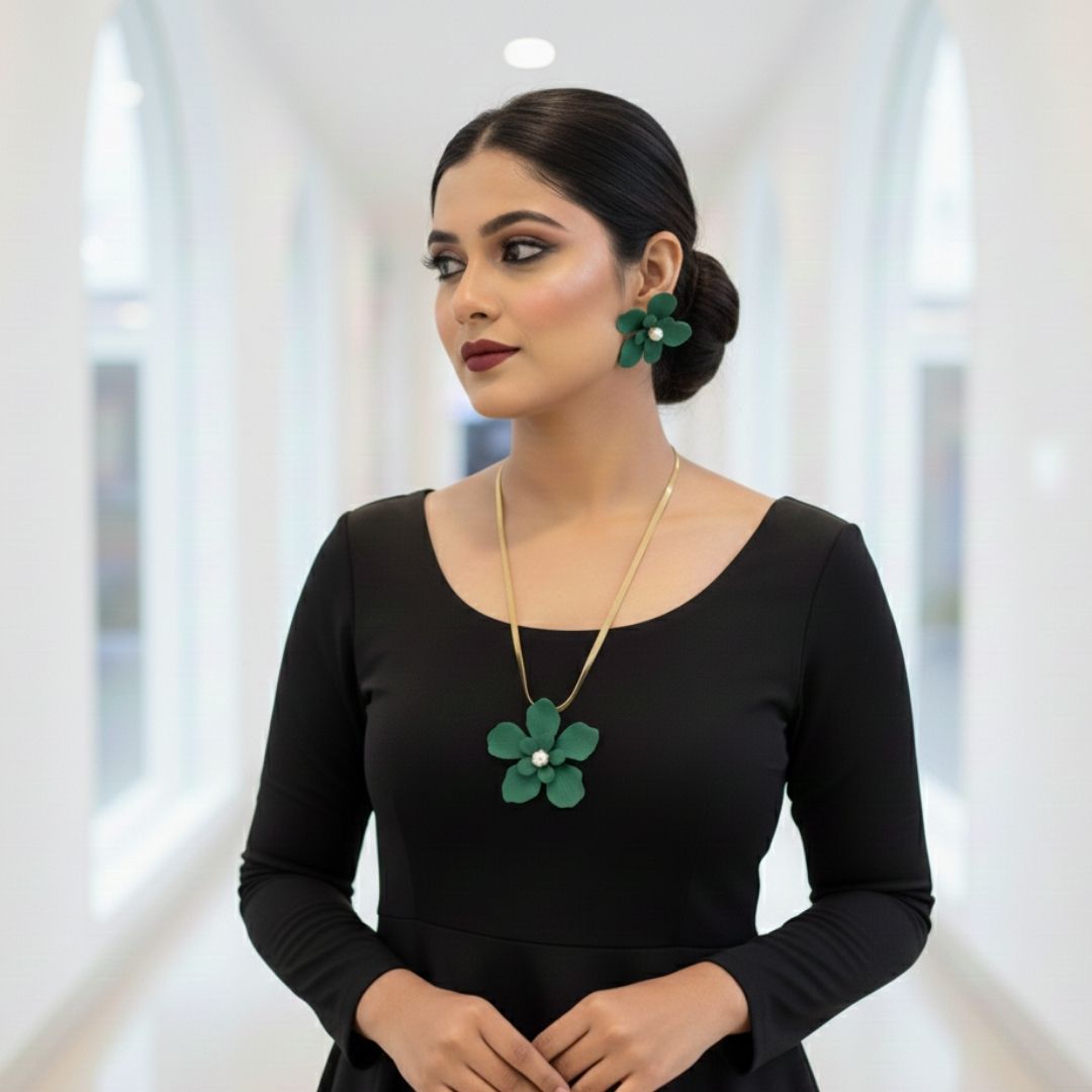 Green Floral Necklace & Earring Set