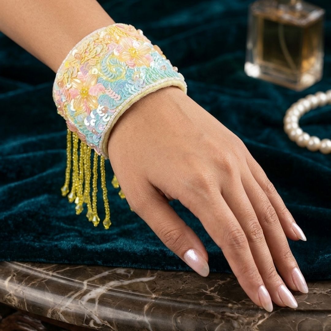 Handmade Velvet Beaded Cuff Bracelet with Pastel Sequin Embroidery & Fringe