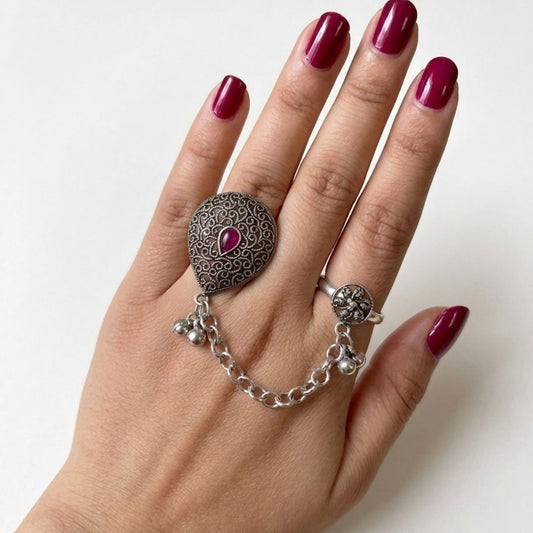 Oxidized German Silver Kashmiri-Style Ruby Stone Chain Hand Harness Ring