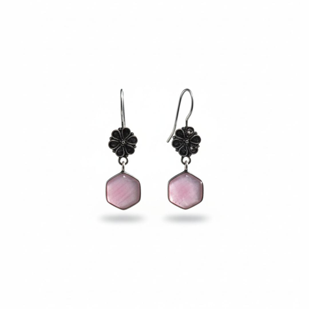 Oxidized Silver Floral Earrings with Pink Hexagon Stone Drop