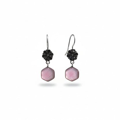 Oxidized Silver Floral Earrings with Pink Hexagon Stone Drop