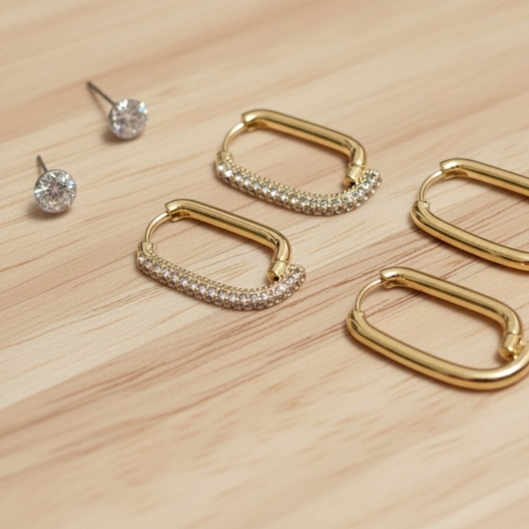 Gold Plated CZ Square Hoop Earrings Set | Anti-Tarnish