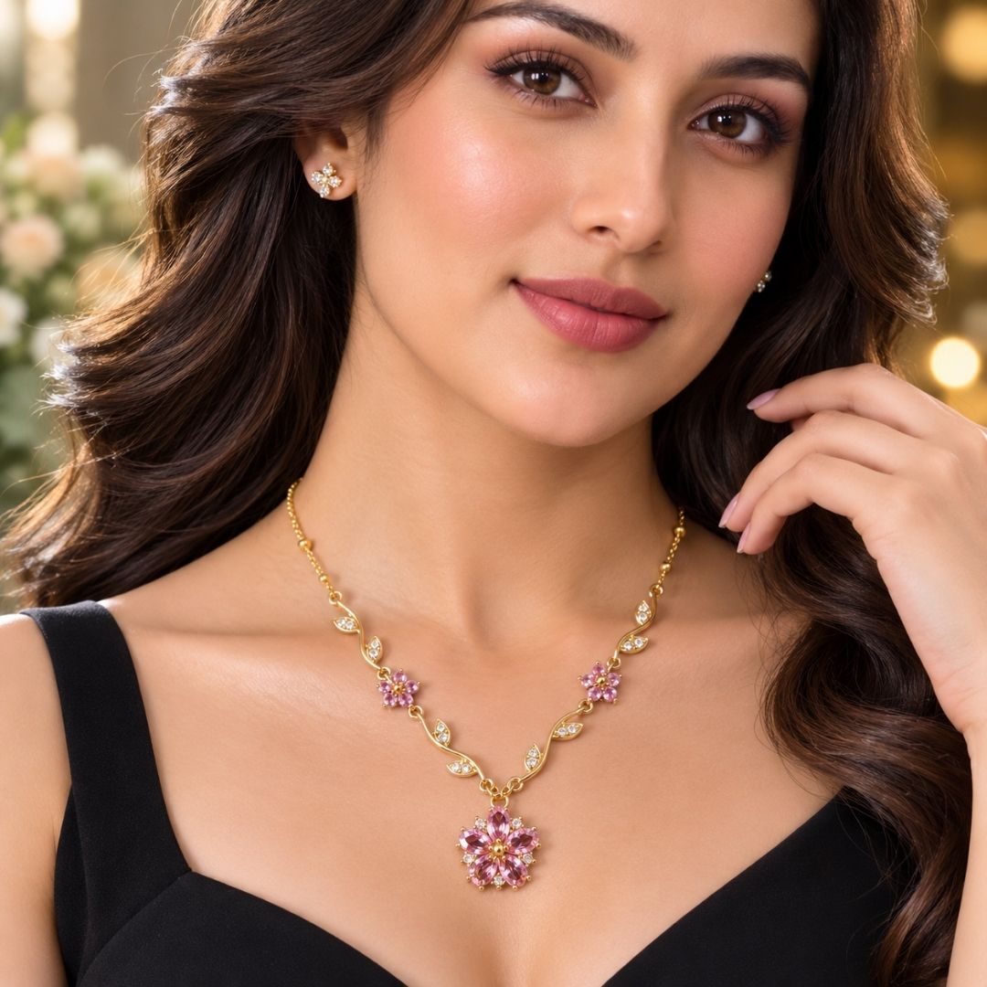 Elegant Gold Floral Pendant Necklace with Pink Crystal Stones – Delicate Statement Jewelry