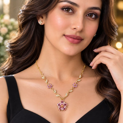 Elegant Gold Floral Pendant Necklace with Pink Crystal Stones – Delicate Statement Jewelry