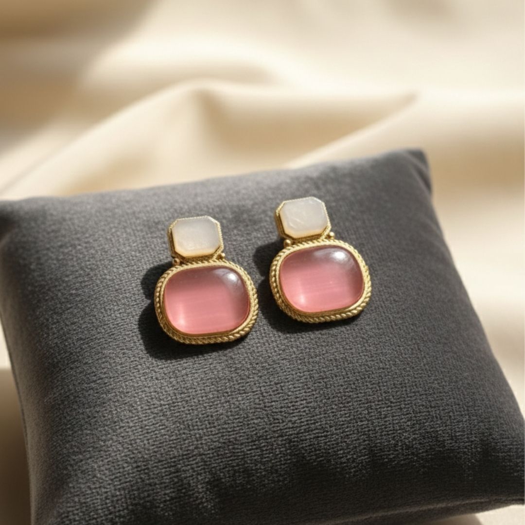 Oxidised Stone Stud Earrings – Soft Pink & Ivory