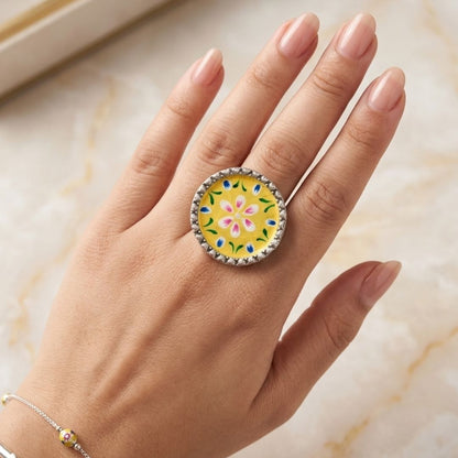 Elegant Meenakari Yellow Floral Silver Adjustable Finger Ring