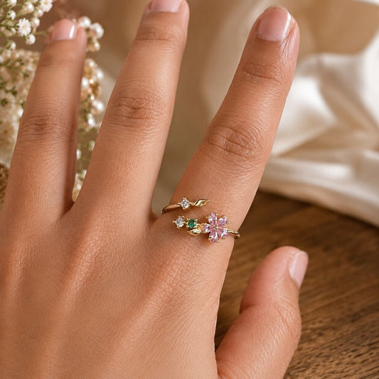 Elegant Adjustable Floral Open Ring – Gold-Tone with Pink & Green Crystal Accents