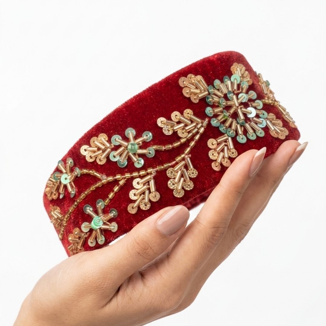 Handcrafted Premium Velvet Hairband with Elegant Beaded Embroidery