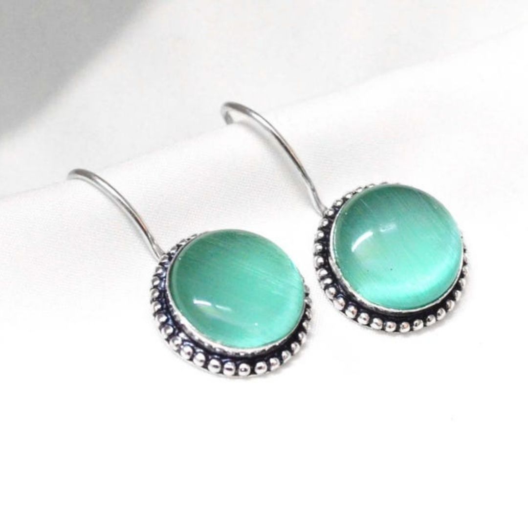 Handcrafted Aqua Blue Cabochon Stone Silver-Tone Dangle Earrings
