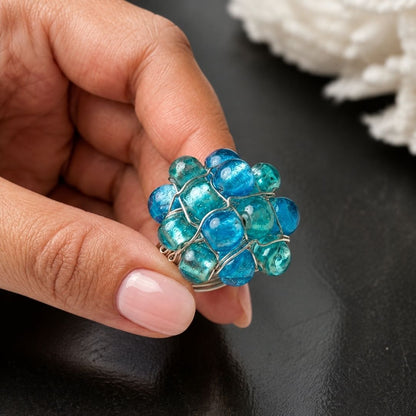 Handmade Blue & Teal Beaded Wire Wrap Statement Ring