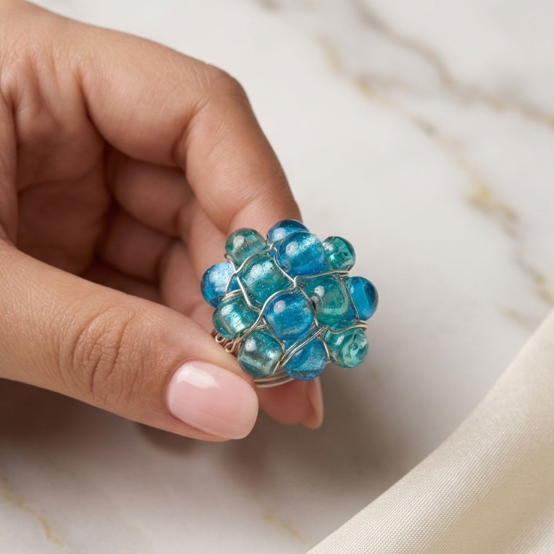 Handmade Blue & Teal Beaded Wire Wrap Statement Ring