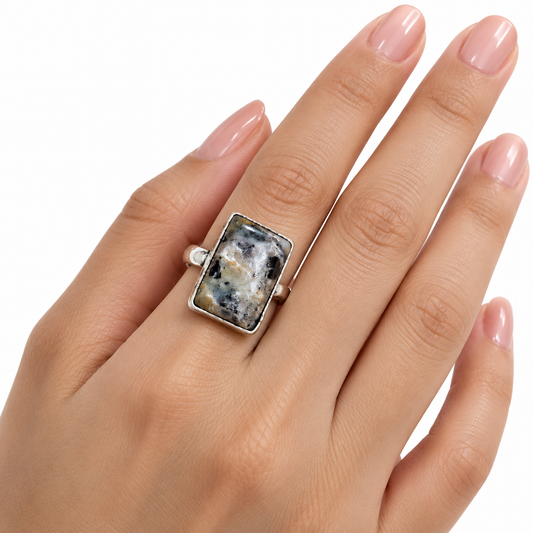Oxidised Silver Rectangular Natural Stone Statement Ring for Women