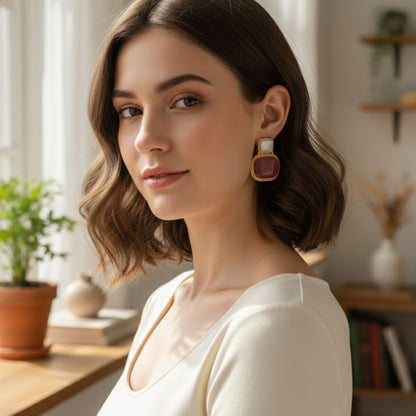 Oxidised Stone Stud Earrings – Soft Pink & Ivory