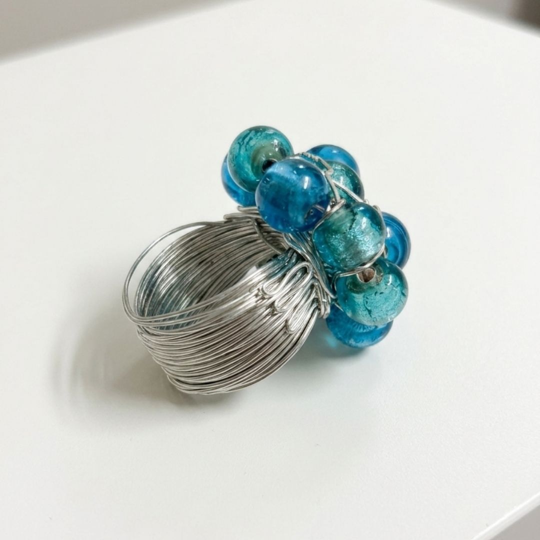 Handmade Blue & Teal Beaded Wire Wrap Statement Ring