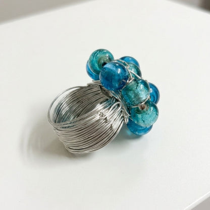 Handmade Blue & Teal Beaded Wire Wrap Statement Ring