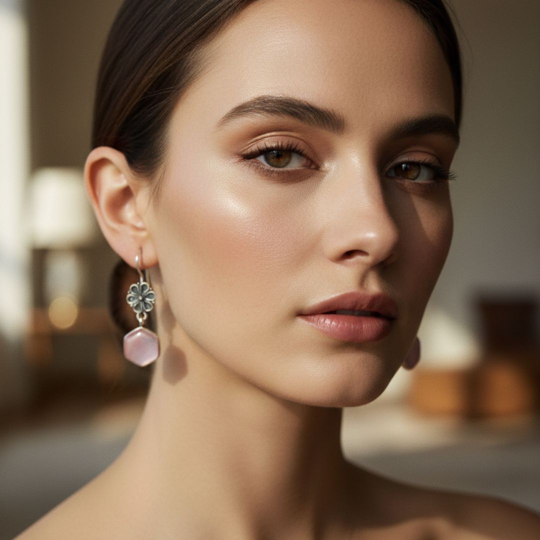 Oxidized Silver Floral Earrings with Pink Hexagon Stone Drop
