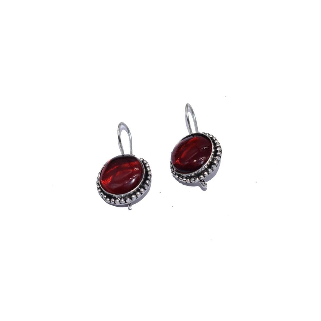 Vintage Red Cabochon Drop Earrings – Silver Tone Round Dangle Earrings
