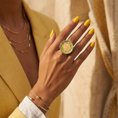 Elegant Meenakari Yellow Floral Silver Adjustable Finger Ring