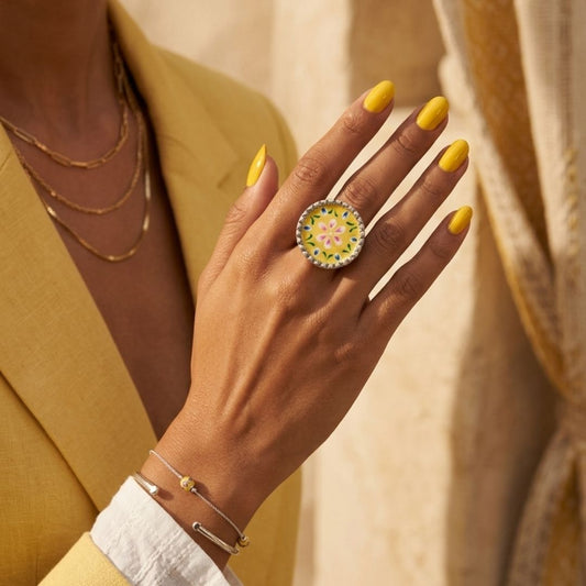 Elegant Meenakari Yellow Floral Silver Adjustable Finger Ring
