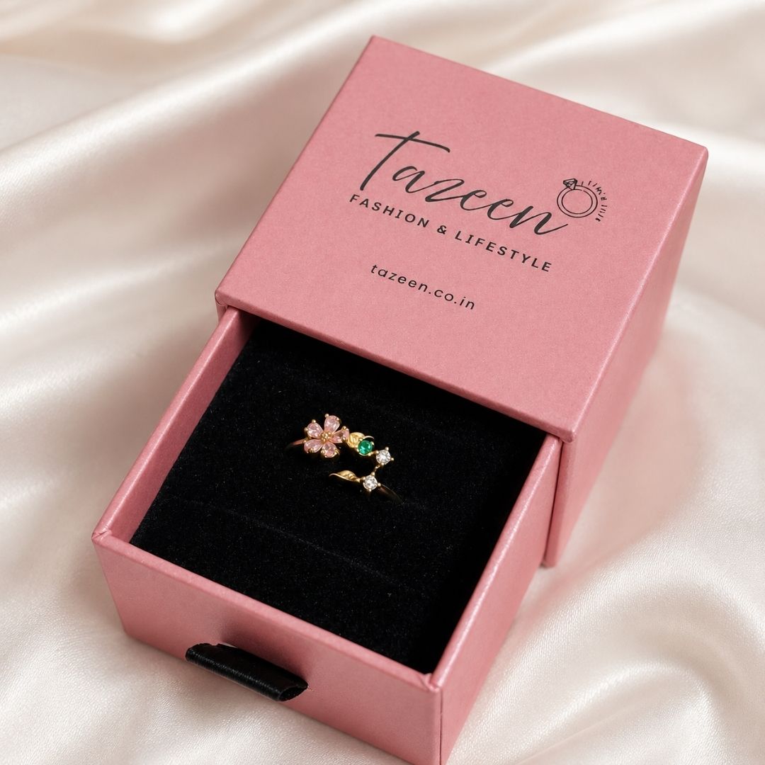 Elegant Adjustable Floral Open Ring – Gold-Tone with Pink & Green Crystal Accents