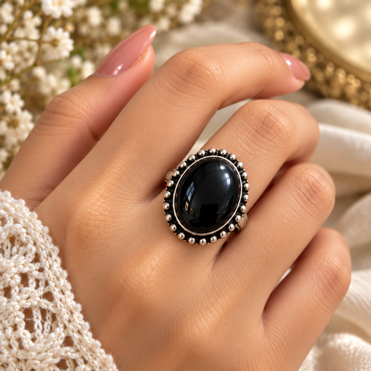 Oxidised Black Onyx Statement Ring | Vintage Oval Gemstone Ring