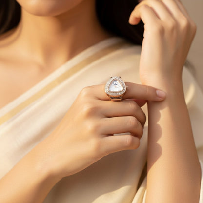 Rose Gold Finger Watch | Crystal Studded Fashion Ring