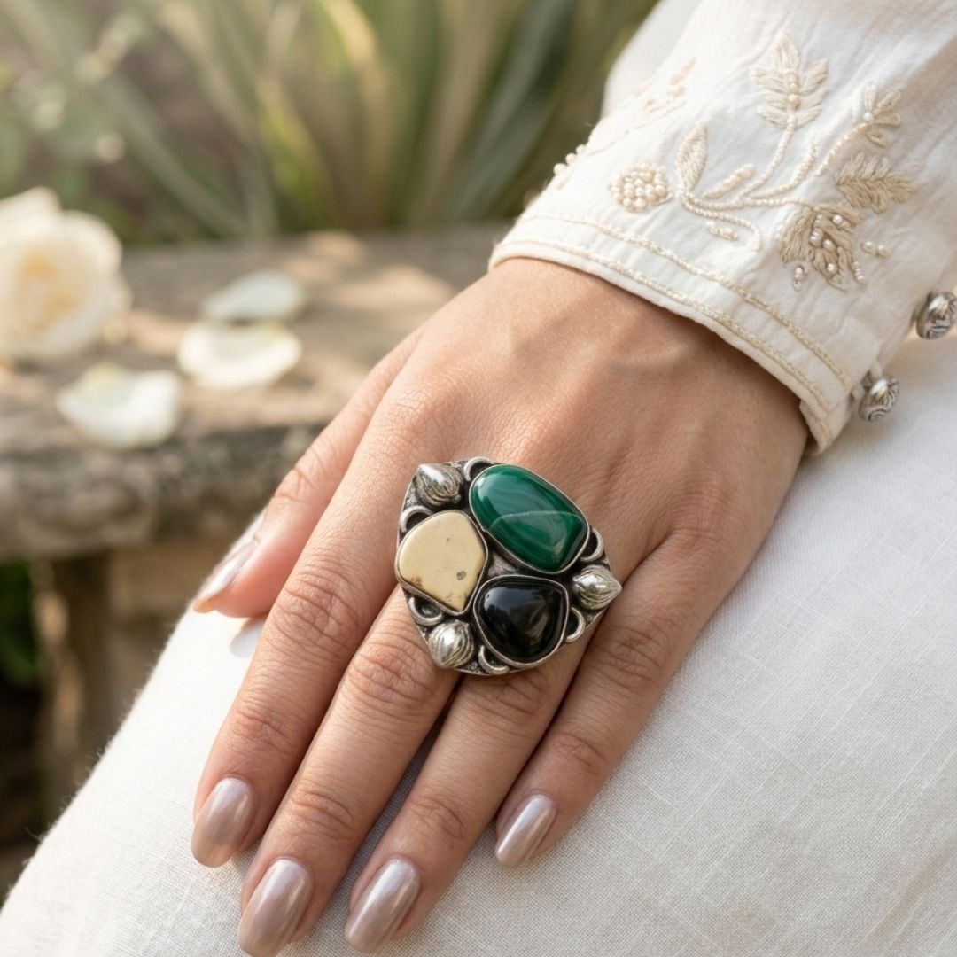 Statement Oxidised Silver Adjustable Ring with Multi-Stone Design